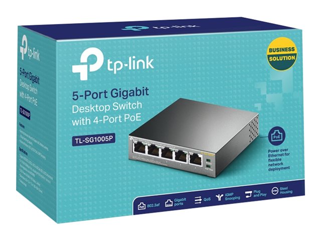 TP-LINK TL-SG1005 5-Port Gigabit Desktop Switch 5x 10/100/1000Mbit/s RJ-45 4x PoE 56W PoE Power supply Metallgehäuse