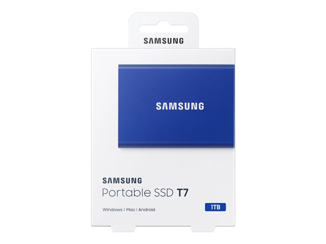 Verpackung Vorderseite SAMSUNG Portable SSD T7 1TB extern USB 3.2 Gen 2 indigo blue