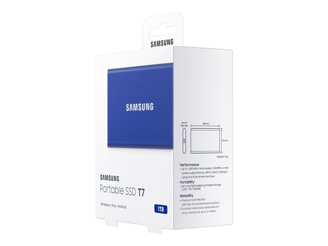 Verpackung Rechts Vorne SAMSUNG Portable SSD T7 1TB extern USB 3.2 Gen 2 indigo blue
