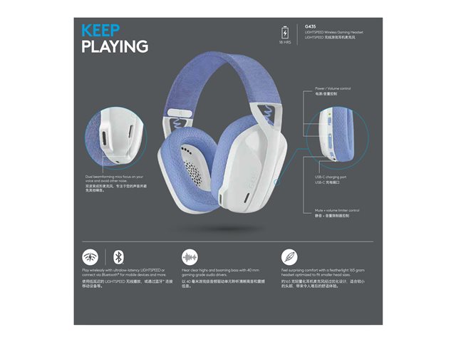 LOGITECH G435 LIGHTSPEED Wireless Gaming Headset - WHITE - EMEA