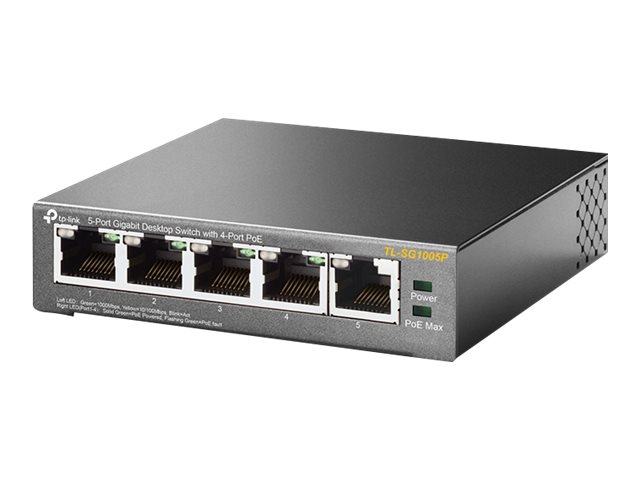 TP-LINK TL-SG1005 5-Port Gigabit Desktop Switch 5x 10/100/1000Mbit/s RJ-45 4x PoE 56W PoE Power supply Metallgehäuse