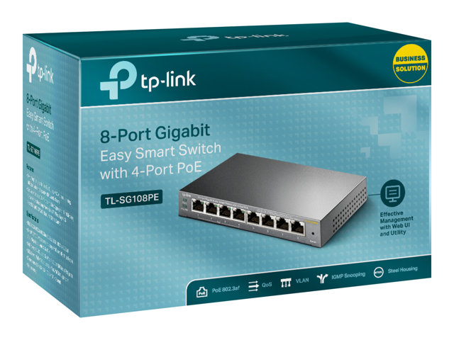 TP-LINK TL-SG108PE 8-Port Gigabit Easy Smart Switch 4× Gigabit PoE+ 4× Gigabit Non-PoE 64 W PoE Power Desktop Steel Case