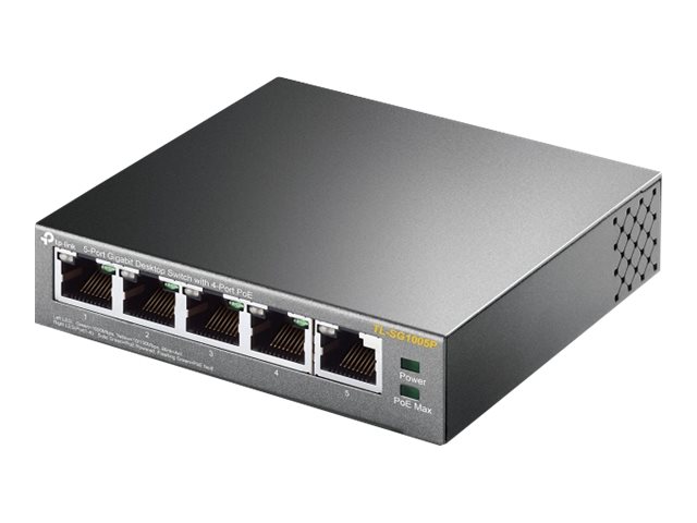 TP-LINK TL-SG1005 5-Port Gigabit Desktop Switch 5x 10/100/1000Mbit/s RJ-45 4x PoE 56W PoE Power supply Metallgehäuse