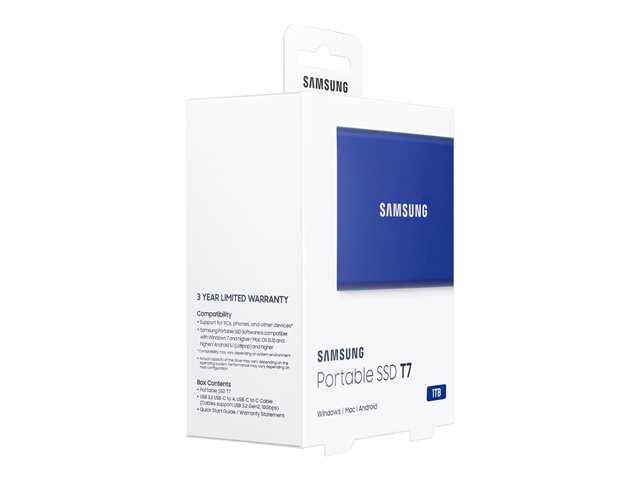 Verpackung Links Vorne SAMSUNG Portable SSD T7 1TB extern USB 3.2 Gen 2 indigo blue