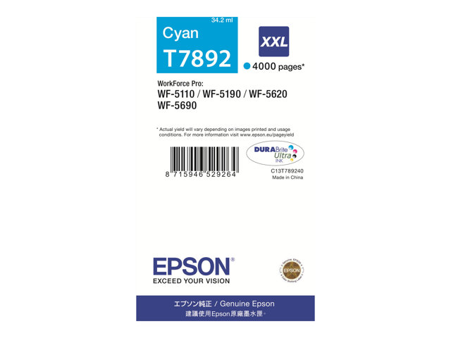 EPSON T7892 Tinte cyan Extra hohe Kapazität 4.000 Seiten 1er-Pack