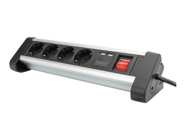 DIGITUS DA-70614 4-fach Office Steckdosenleiste mit 2xUSB Ein/Aus Schalter Alu-Gehäuse USB 5V/2A sw/si