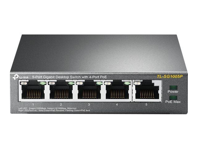 TP-LINK TL-SG1005 5-Port Gigabit Desktop Switch 5x 10/100/1000Mbit/s RJ-45 4x PoE 56W PoE Power supply Metallgehäuse