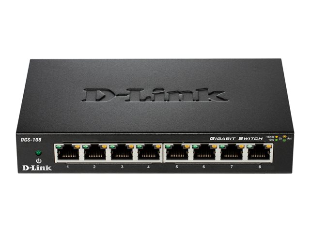 D-LINK DGS-108 8-Port Layer 2 unmanaged Gigabit Switch 8x 10/100/1000 Mbit/s BaseT Port Plug & Play lüfterlos Metallgehäuse