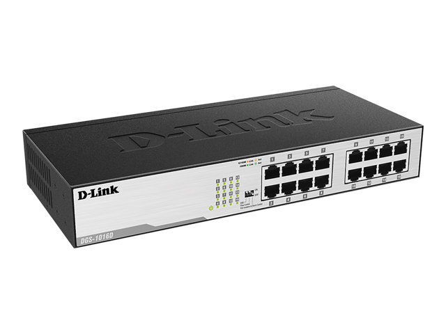 D-LINK DGS-1016D 16-Port Layer 2 unmanaged Gigabit Switch 16 x 10/100/1000 Mbit/s BaseT Port Plug & Play lüfterlos Metallgehäuse