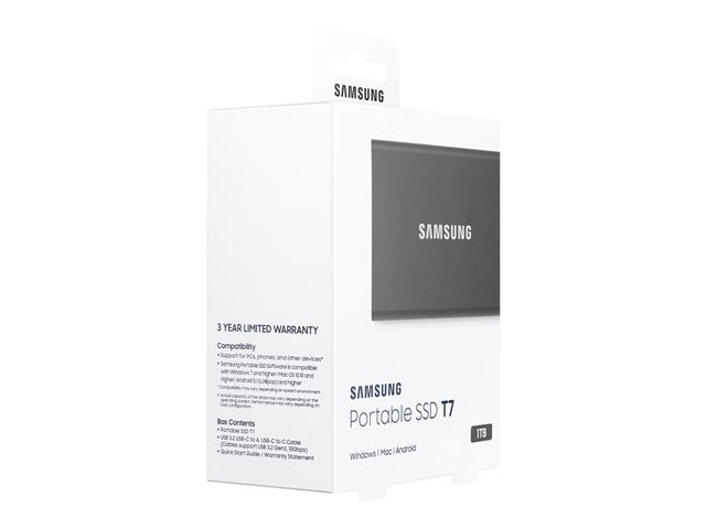Verpackung Links Vorne SAMSUNG Portable SSD T7 1TB extern USB 3.2 Gen 2 titan grey