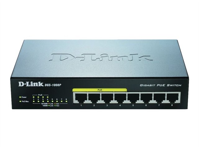 D-LINK DGS-1008P 8-Port Layer2 PoE Gigabit unm. Switch 8x 10/100/1000 Mbit/s BaseT Port (4x PoE+ Ports) 68W lüfterlos Metallgehäuse