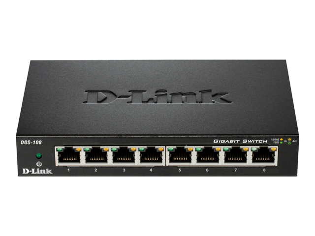 D-LINK DGS-108 8-Port Layer 2 unmanaged Gigabit Switch 8x 10/100/1000 Mbit/s BaseT Port Plug & Play lüfterlos Metallgehäuse