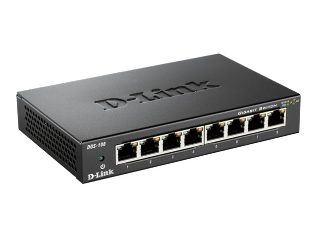 D-LINK DGS-108 8-Port Layer 2 unmanaged Gigabit Switch 8x 10/100/1000 Mbit/s BaseT Port Plug & Play lüfterlos Metallgehäuse