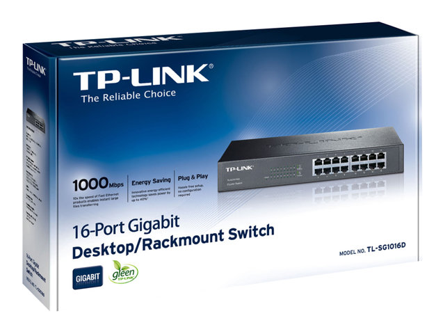 TP-LINK TL-SG1016D 16-Port Gigabit Switch 16× Gigabit RJ45 1U 13-inch Rack-mountable Steel Case Plug and Play