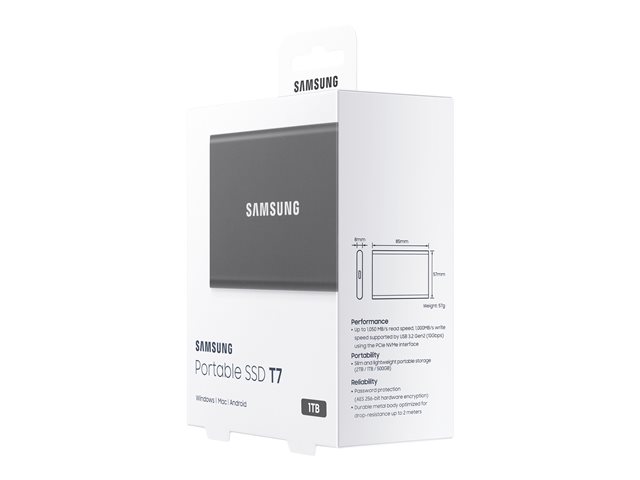 Verpackung Rechts Vorne SAMSUNG Portable SSD T7 1TB extern USB 3.2 Gen 2 titan grey
