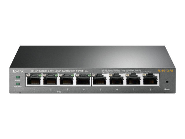 TP-LINK TL-SG108PE 8-Port Gigabit Easy Smart Switch 4× Gigabit PoE+ 4× Gigabit Non-PoE 64 W PoE Power Desktop Steel Case