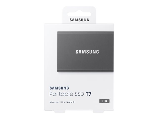Verpackung Vorderseite SAMSUNG Portable SSD T7 1TB extern USB 3.2 Gen 2 titan grey